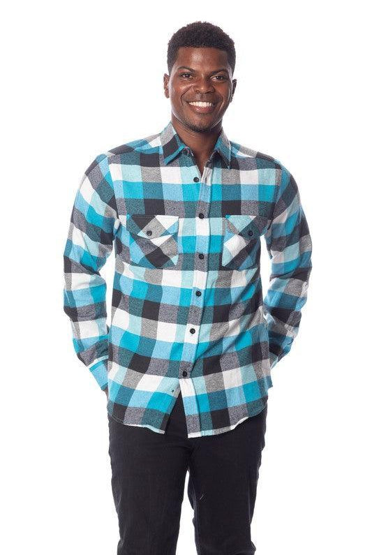 Men's Shirts - Flannels Mens Turquoise Plaid Flannel Shirt