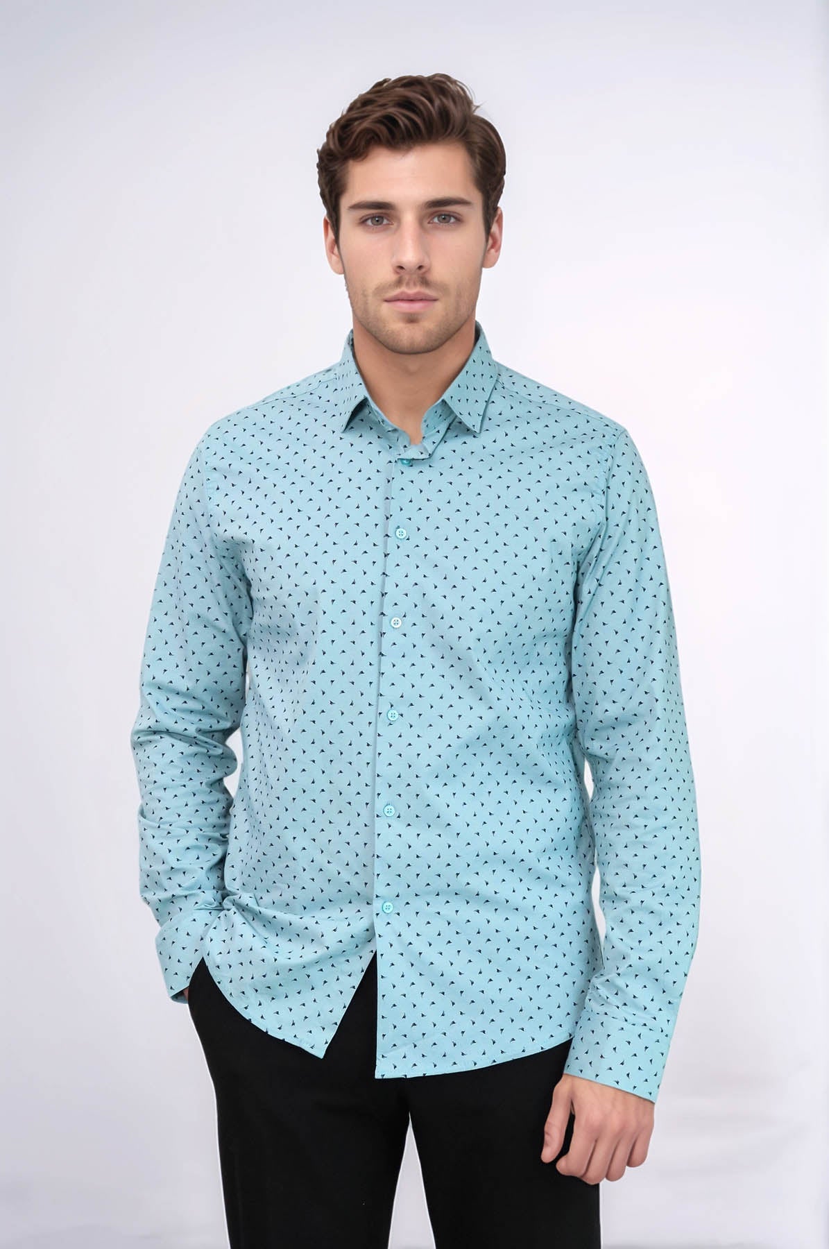 Men’s Turquoise Shirt with Minimal Black Pattern – front view