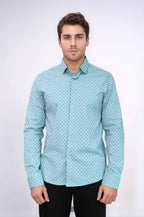 Men’s Turquoise Shirt with Minimal Black Pattern – side view