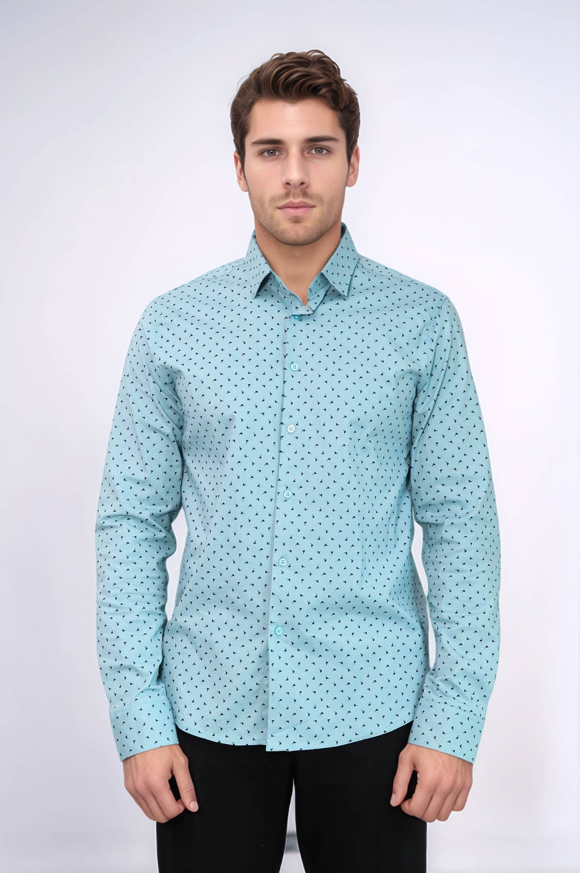 Men’s Turquoise Shirt with Minimal Black Pattern – side view