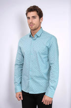 Men’s Turquoise Shirt with Minimal Black Pattern – styled view