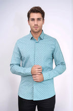 Men’s Turquoise Shirt with Minimal Black Pattern – close up view