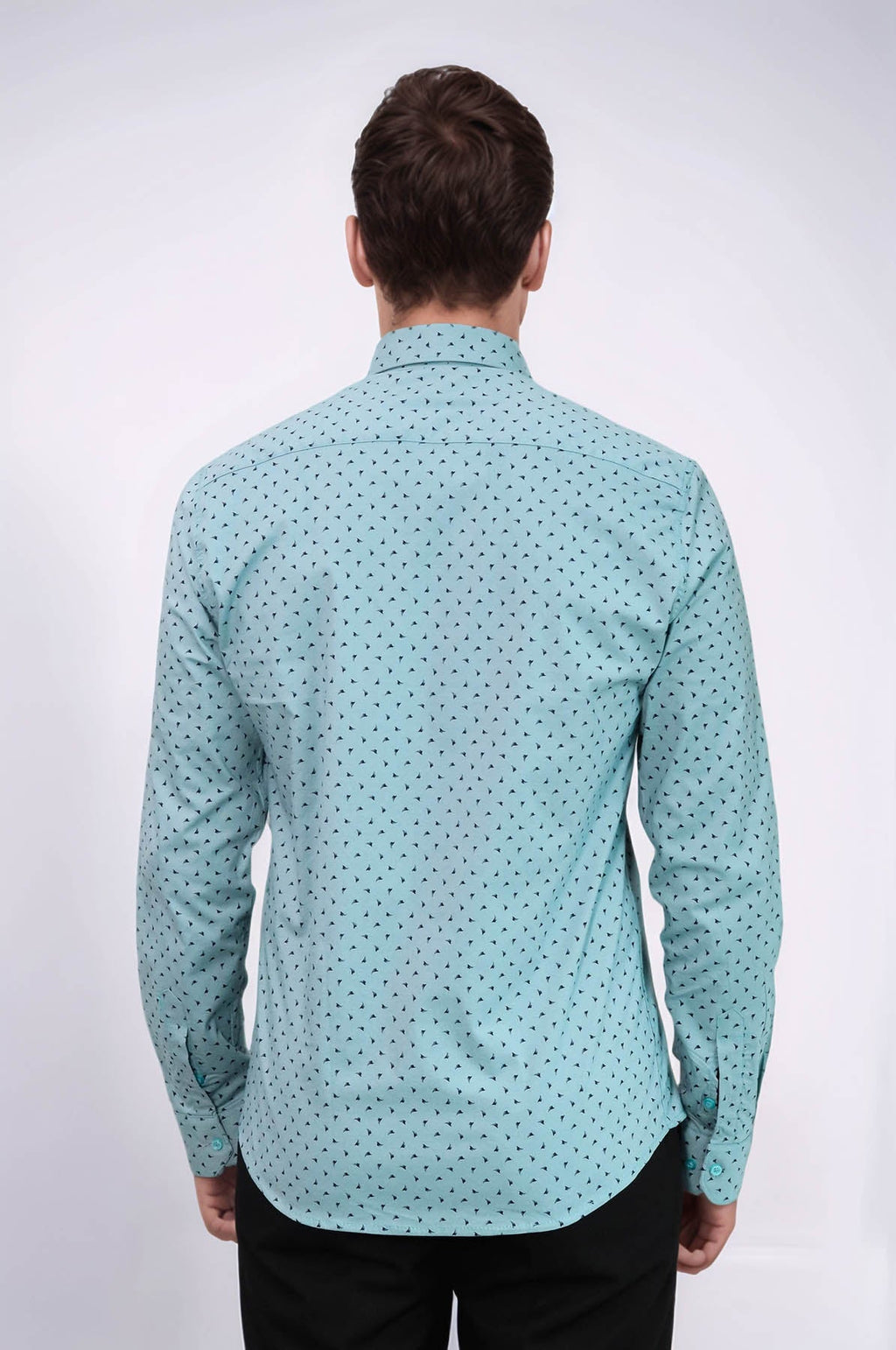 Men’s Turquoise Shirt with Minimal Black Pattern – fabric detail view