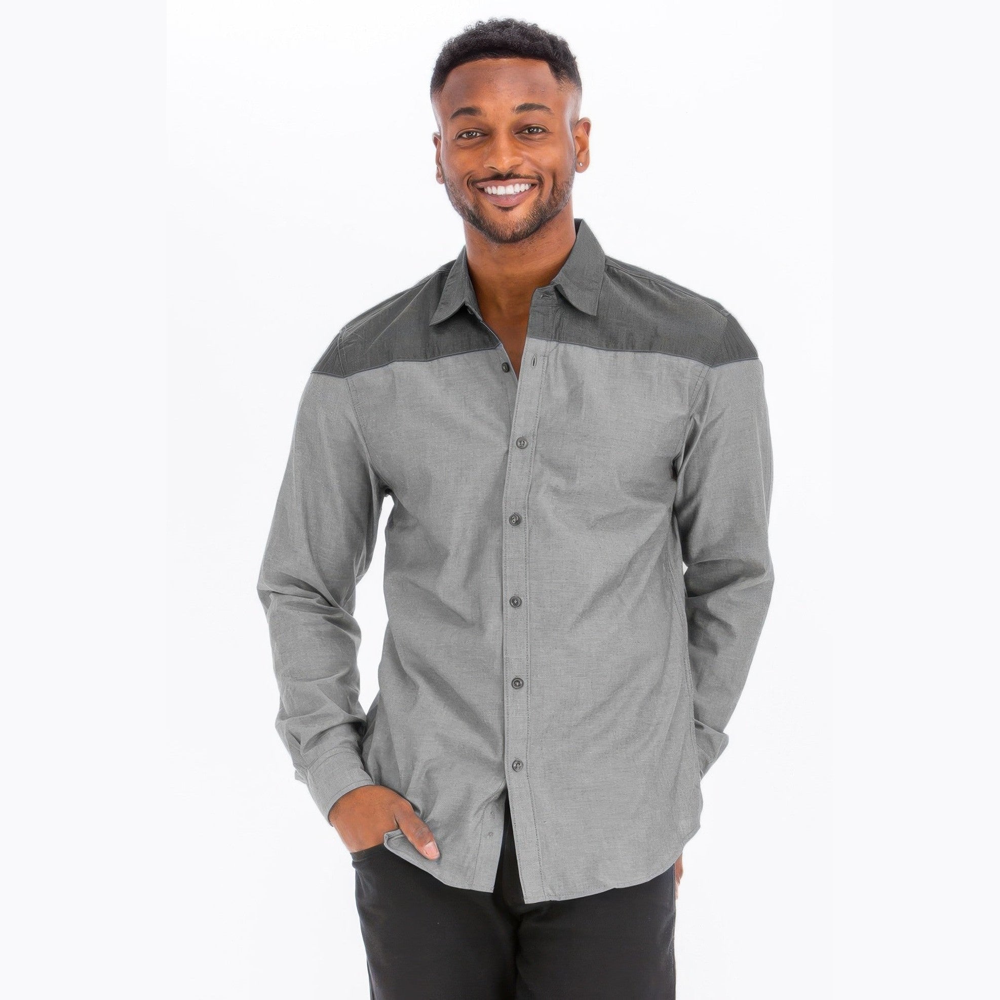 VacationGrabs men's two tone shirt in gray with contrasting shoulder panels for a stylish look