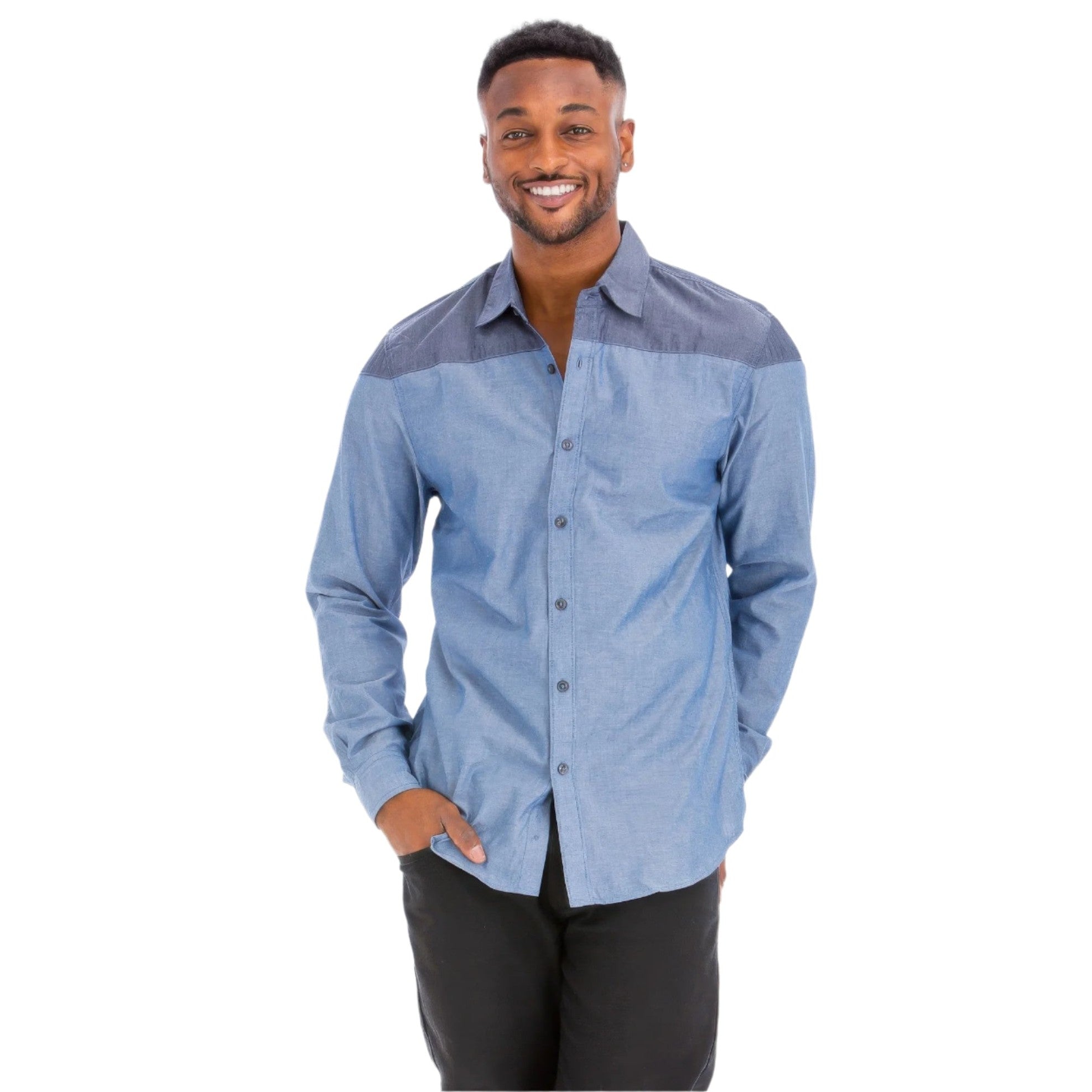Men's two tone shirt by VacationGrabs featuring a stylish combination of blue fabrics