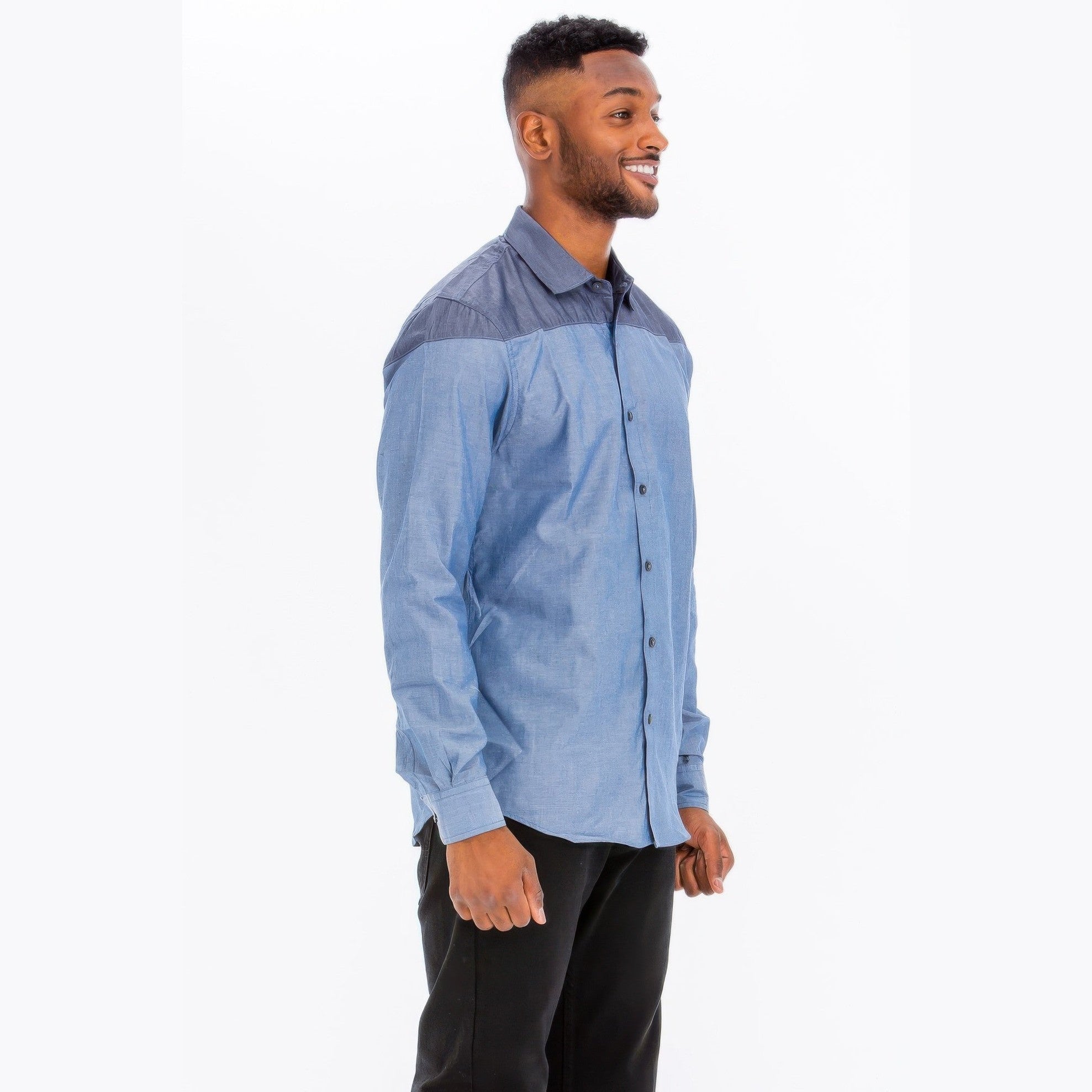 Men's two tone shirt from VacationGrabs in blue with contrasting shoulder design