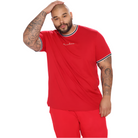 Men's vacation graphic tee in red with black and white striped collar and sleeve trim by VacationGrabs