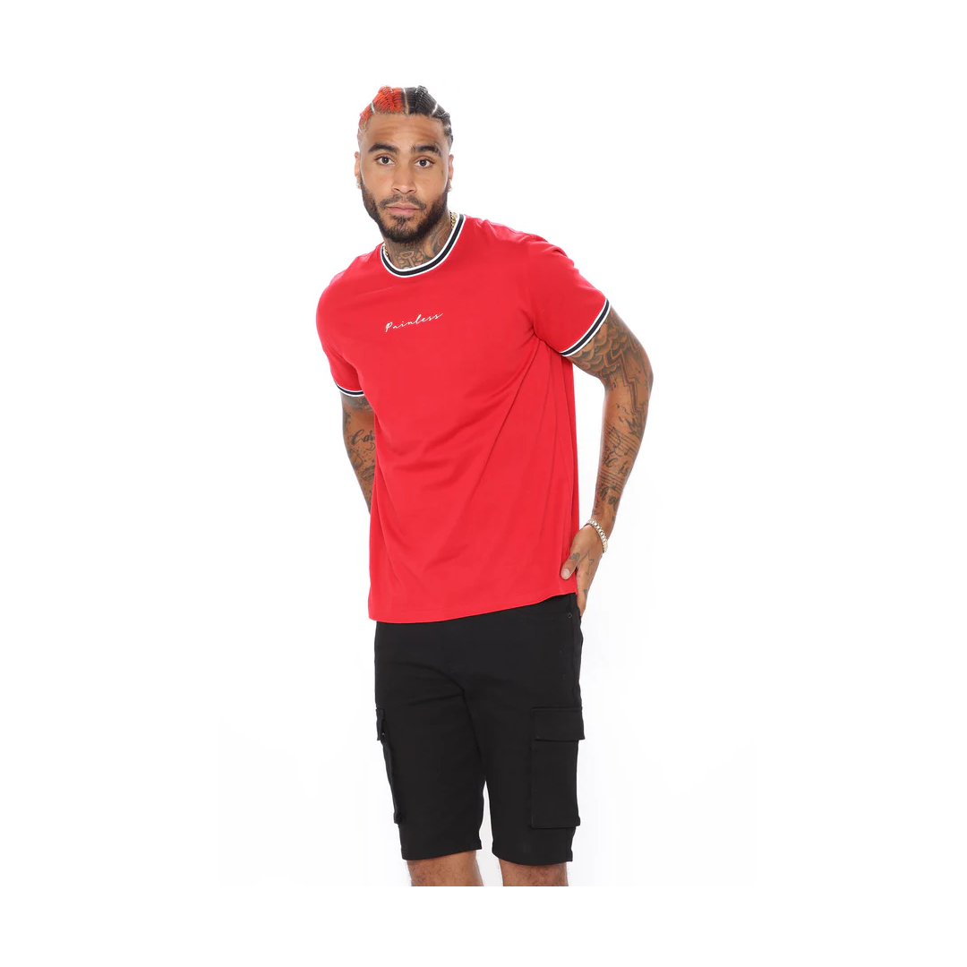 Men's vacation graphic tee in red with black and white trim on collar and sleeves by VacationGrabs