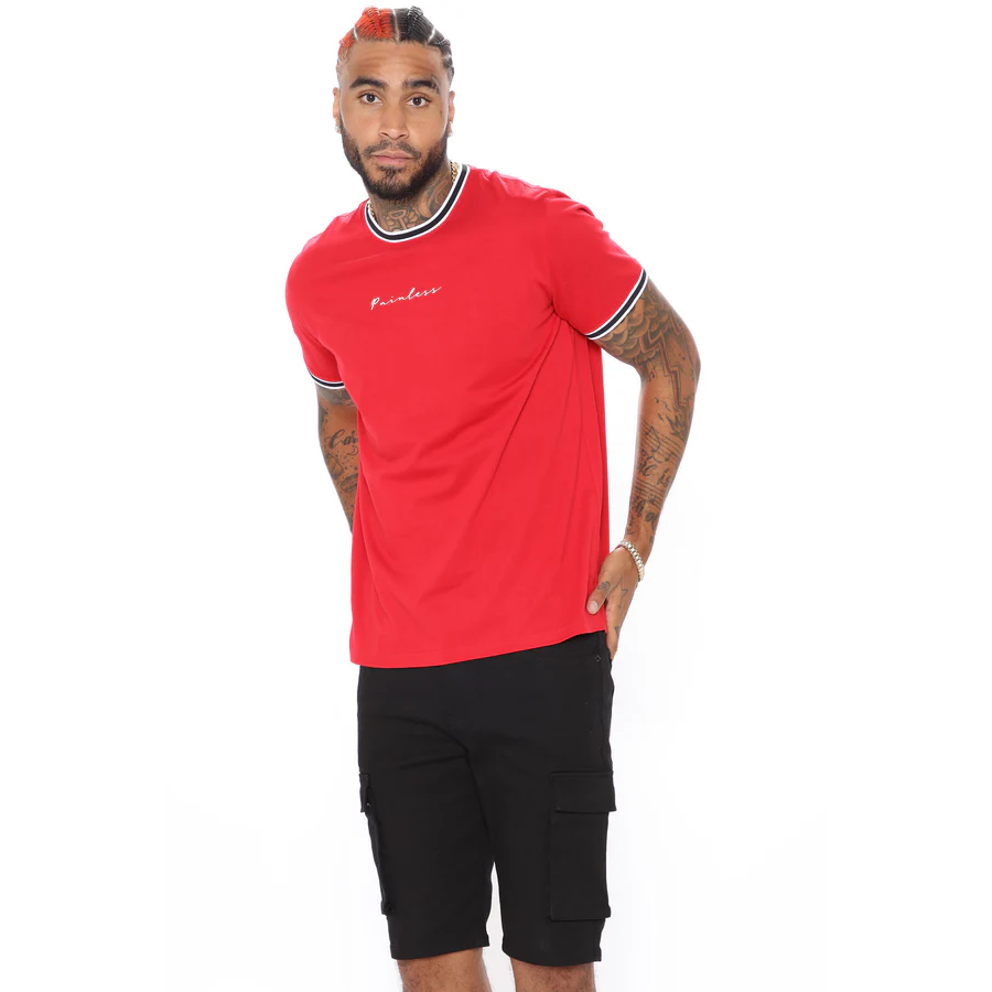 Men's vacation graphic tee in red with black and white trim on collar and sleeves by VacationGrabs