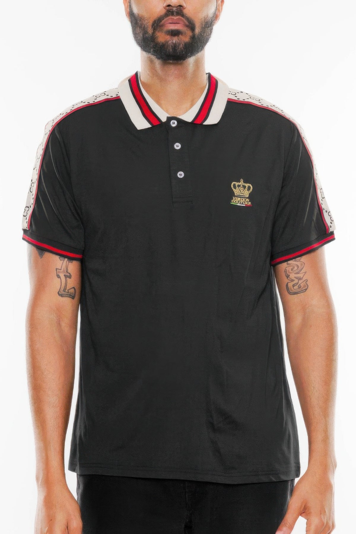 Collar and button detail on men's polo vacation shirt