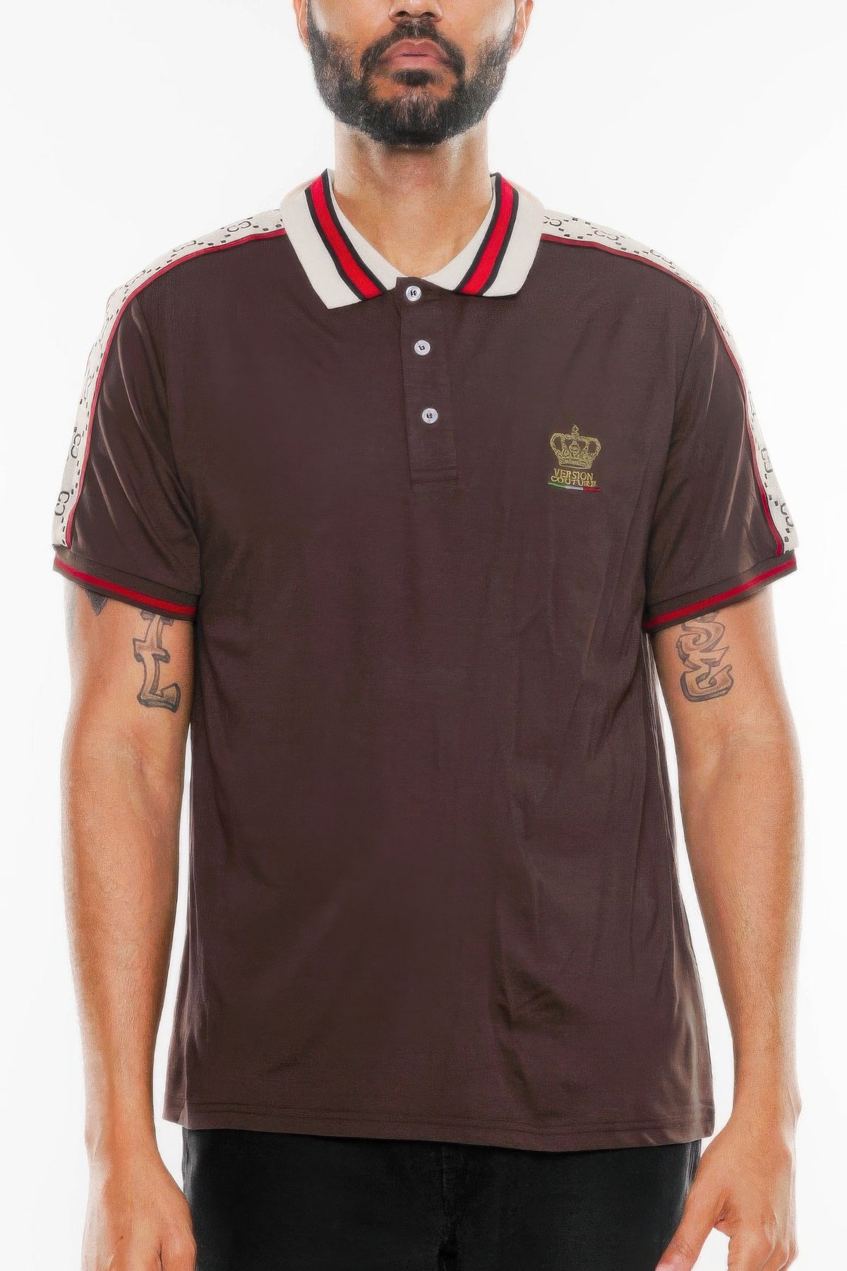 Men's button-down polo vacation shirt worn, full view