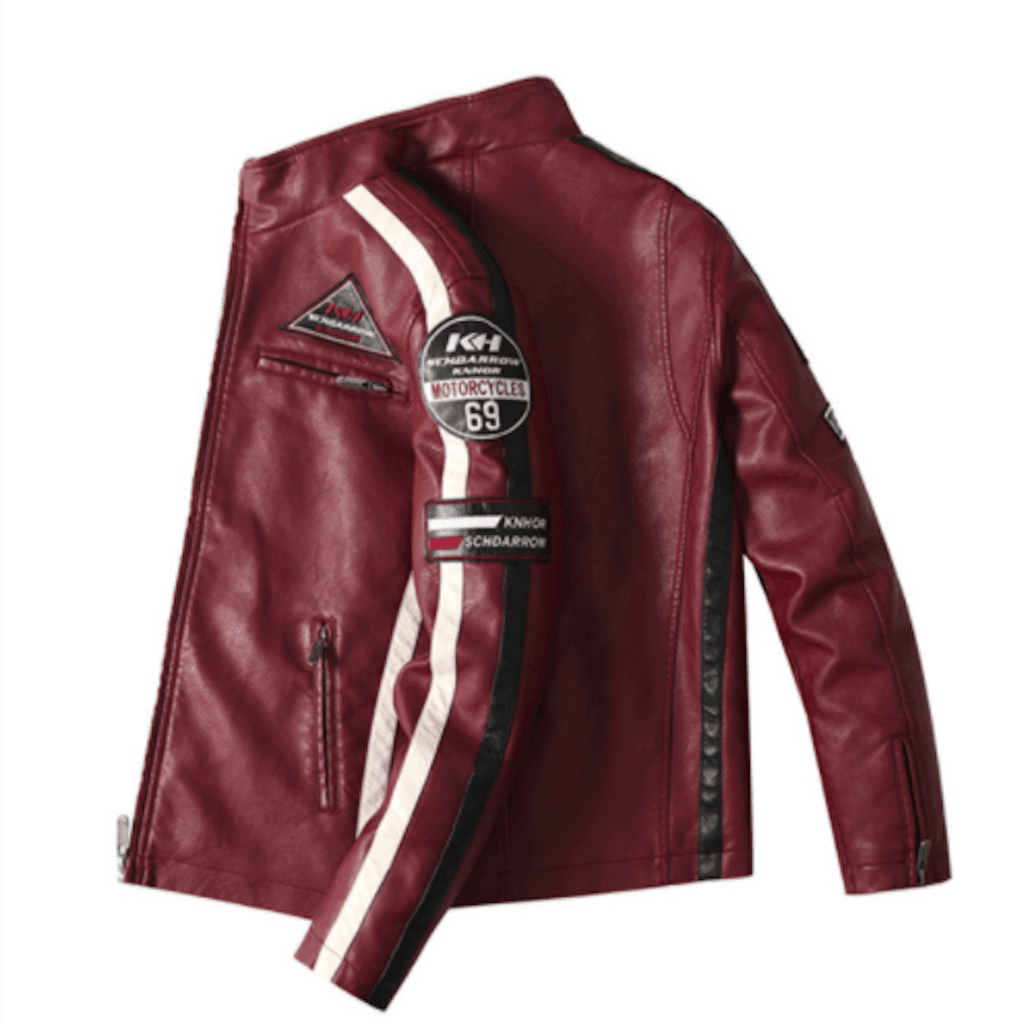 Men's Jackets Mens Vegan Leather Biker Jacket With Badges Red Black Navy...