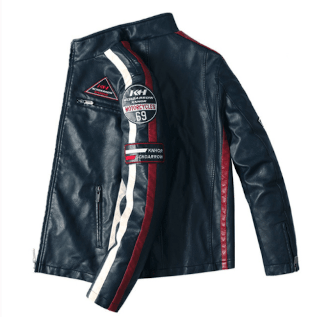 Men's Jackets Mens Vegan Leather Biker Jacket With Badges Red Black Navy...