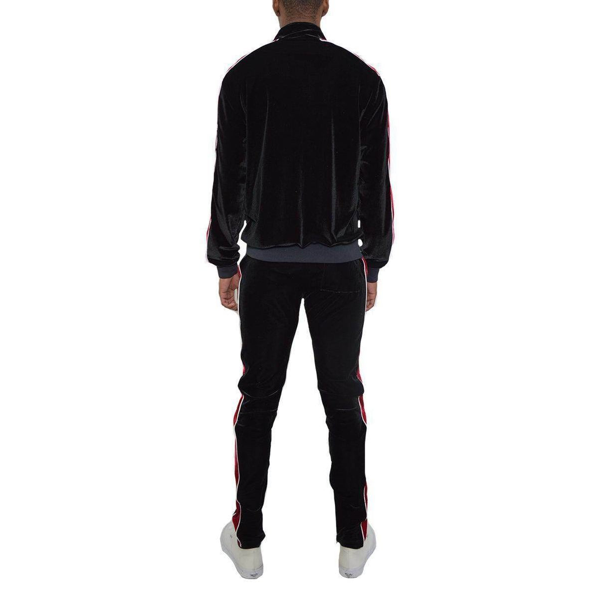 Stylish men's velour track set in black, featuring a zip-up jacket and fitted pants with contrasting stripes