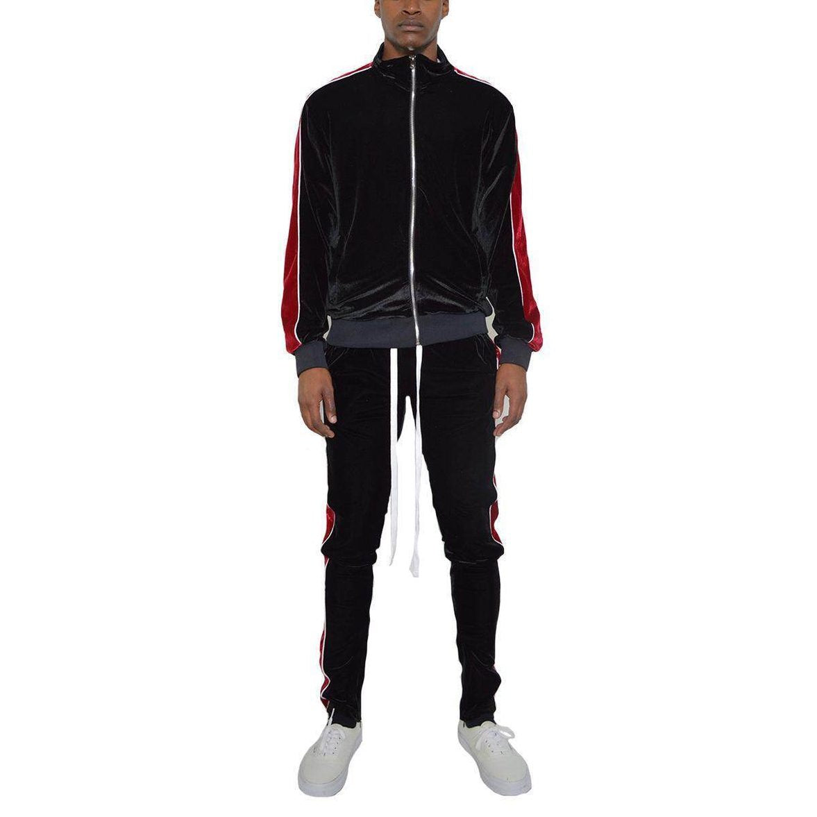 Men's velour track set in black with red stripe detailing and a zip-up jacket for stylish casual wear