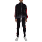 Men's velour track set in black with red stripe detailing and a zip-up jacket for stylish casual wear
