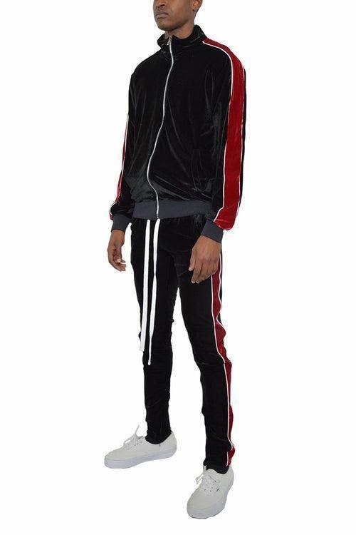 Men's velour track set in black and red featuring a zip-up jacket and matching pants
