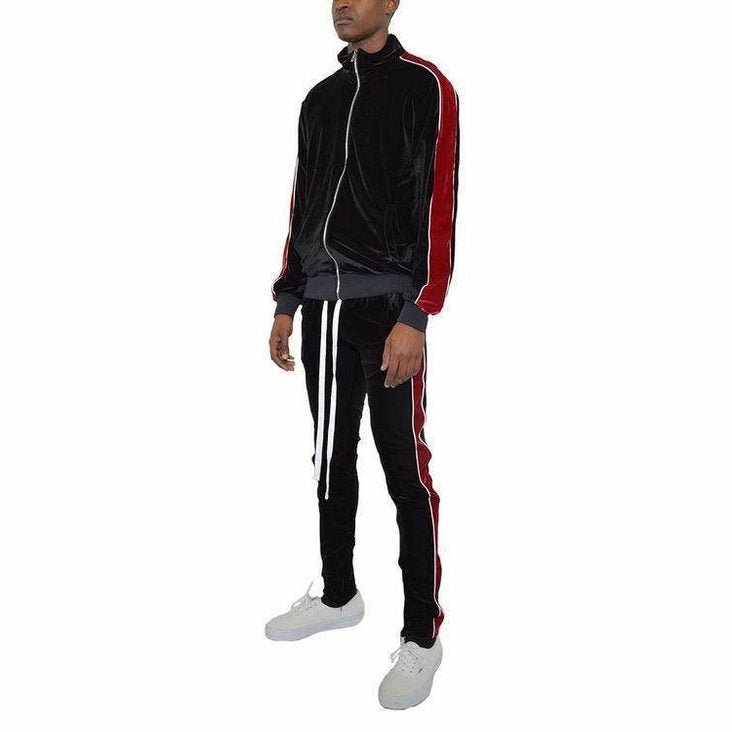 Men's velour track set in black and red featuring a zip-up jacket and matching pants