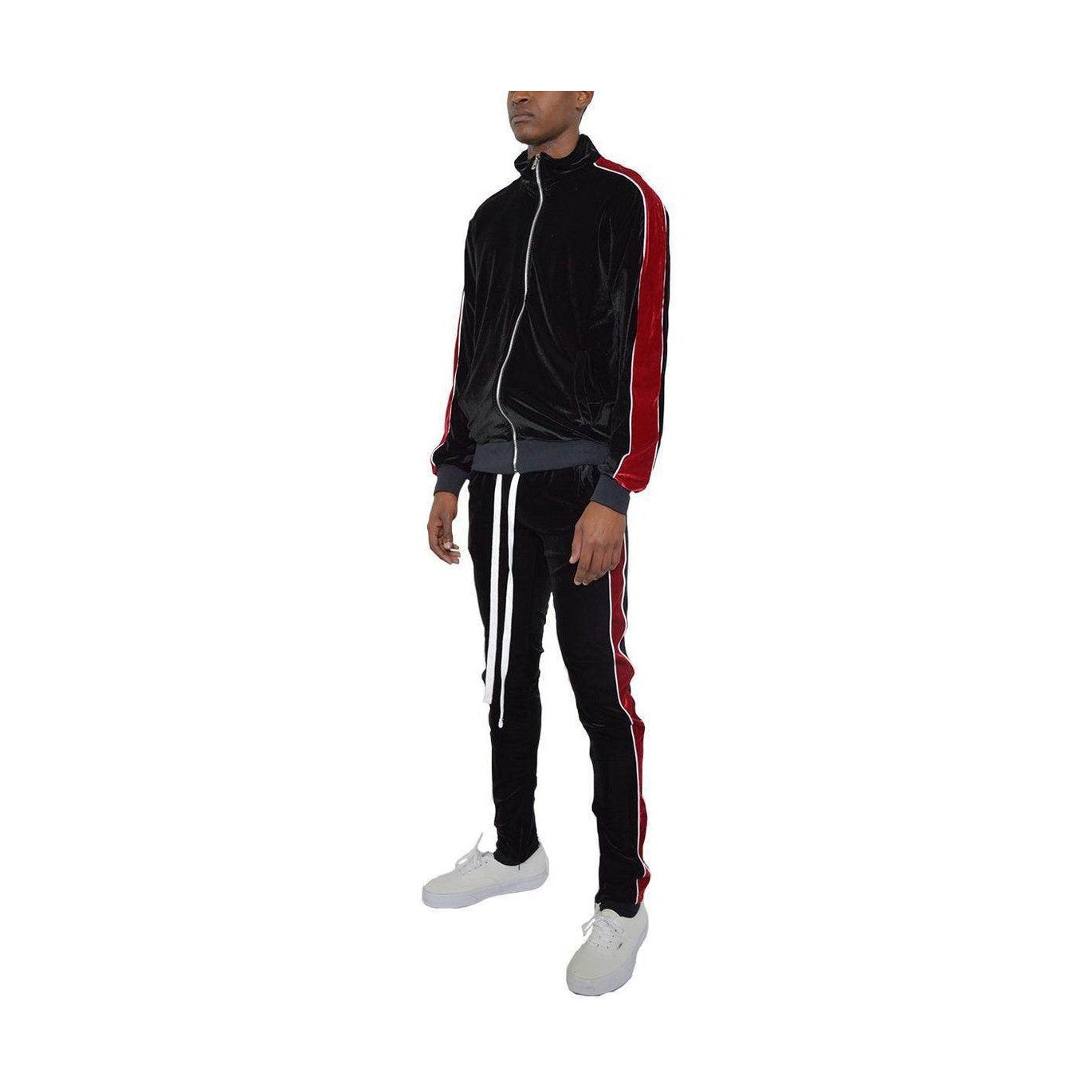 Men's 2PC Track Set from VacationGrabs in black and red featuring a stylish velour track set design