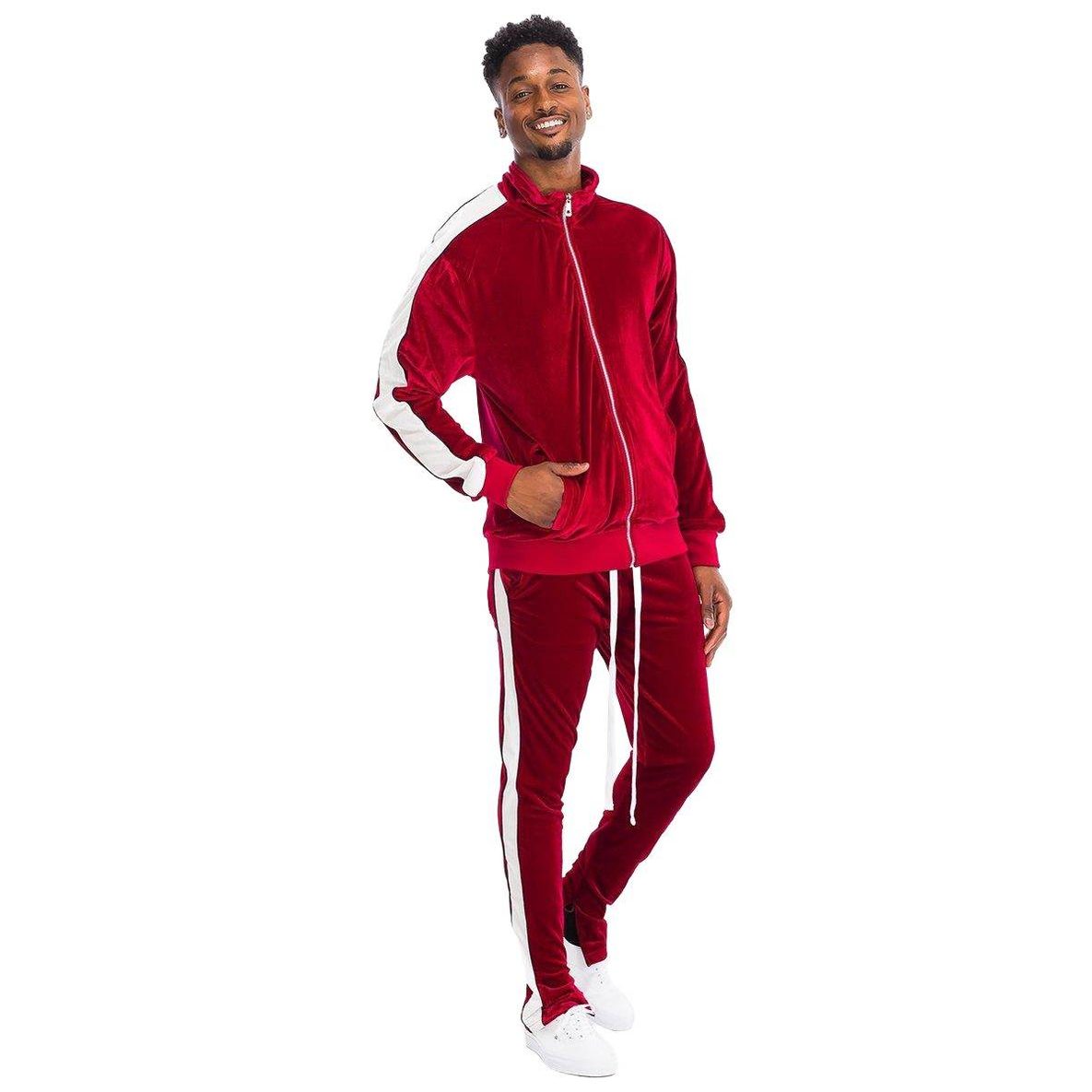 Men's velour track set in red with white stripe accents, perfect for casual or athletic wear