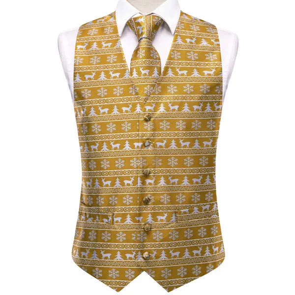 Mens vest vest in golden color with festive print for formal occasions