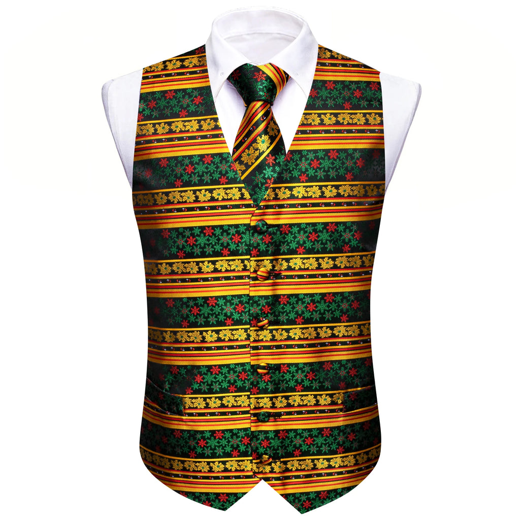 Mens vest vest with festive green, red, and gold pattern, perfect for holiday parties