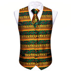 Mens vest vest with festive green, red, and gold pattern, perfect for holiday parties