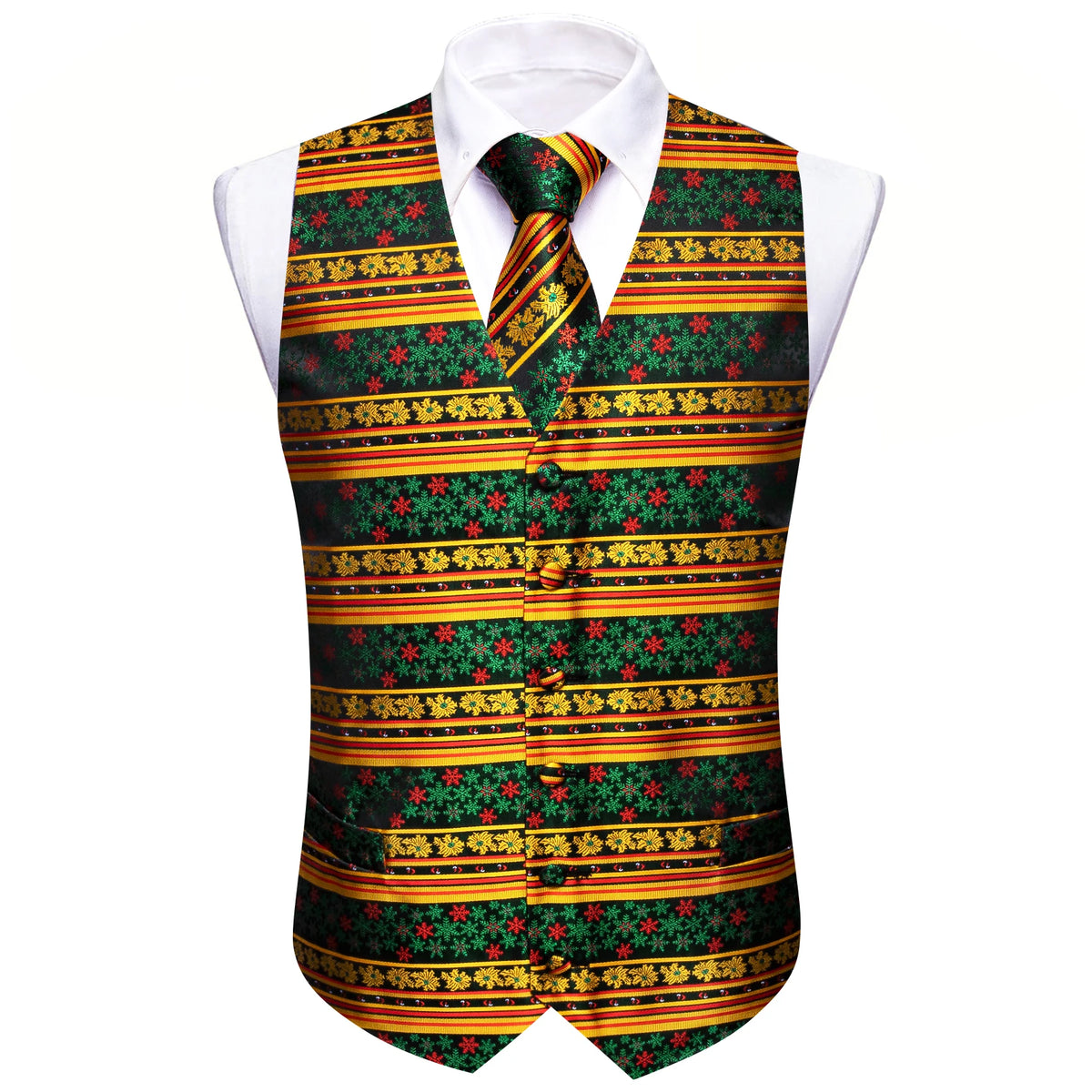 Mens vest vest with festive green, red, and gold pattern, perfect for holiday parties