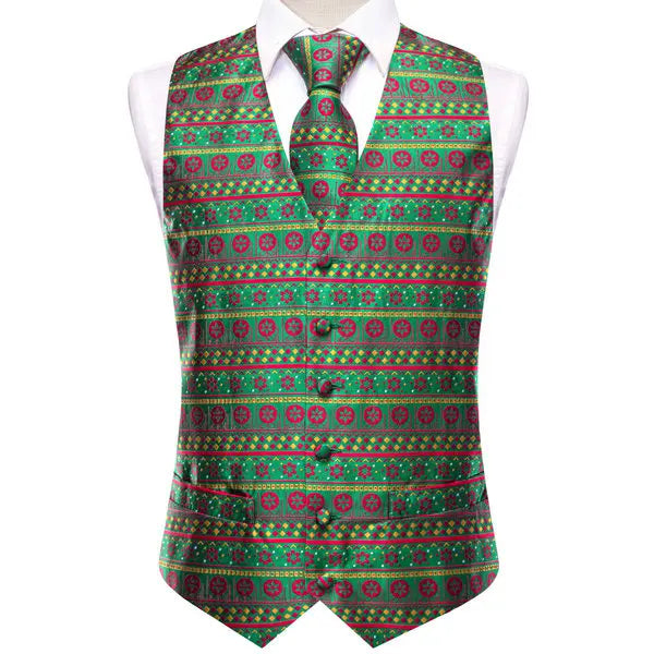 Mens vest vest in green and burgundy floral pattern, perfect for formal occasions