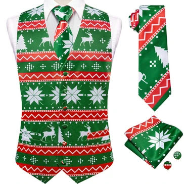 Mens vest vest in green with festive Christmas patterns for holiday parties