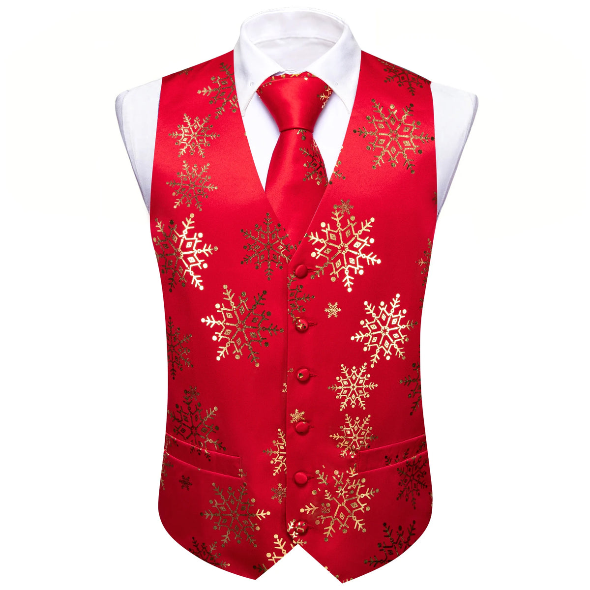 Mens vest vest in red with gold snowflake design for festive occasions