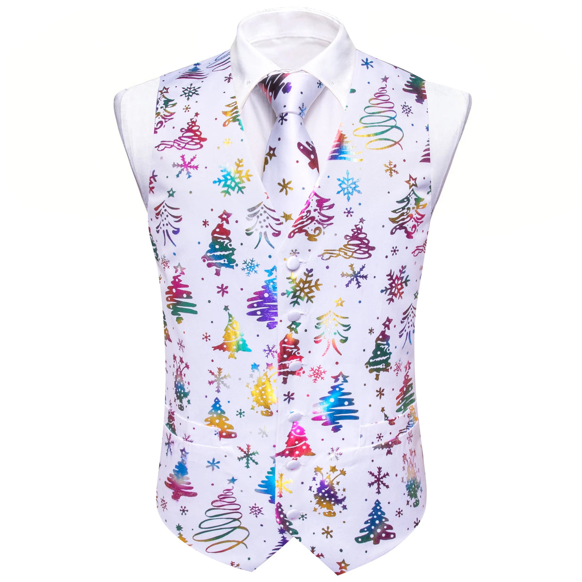 Mens vest vest, white with colorful Christmas tree print, perfect for holiday parties
