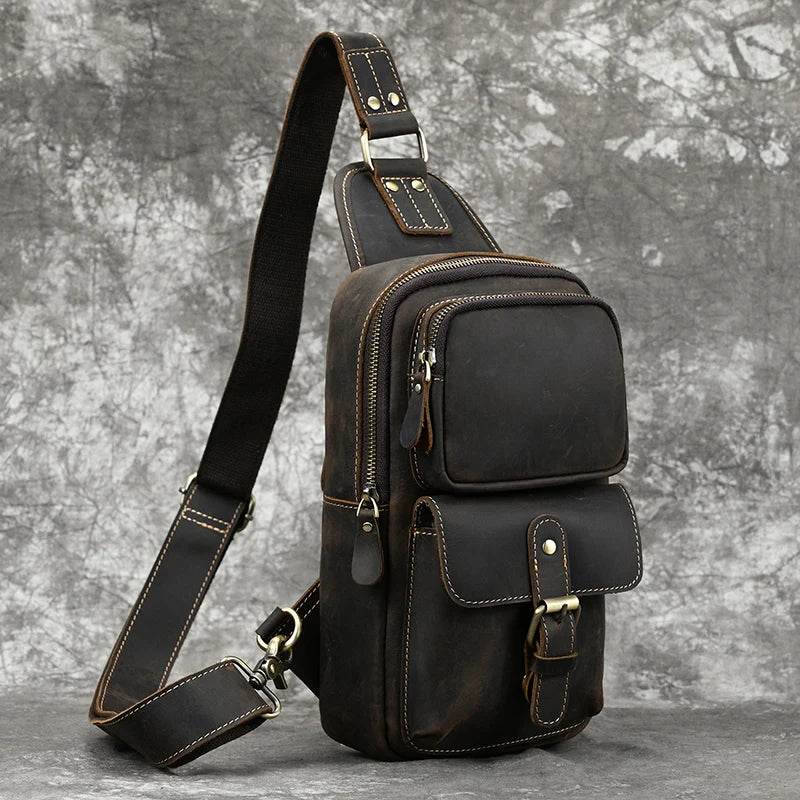 Men's vintage chest bag in dark brown leather for travel and everyday use