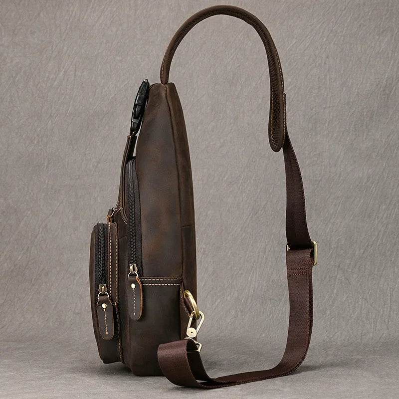 men's vintage chest bag in brown leather, ideal for travel