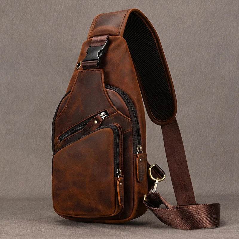 men's vintage chest bag, brown leather, perfect for daily use