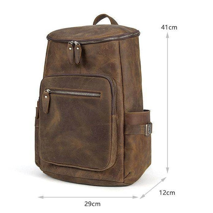 Mens vintage leather backpack in brown with multiple pockets and adjustable straps for everyday use