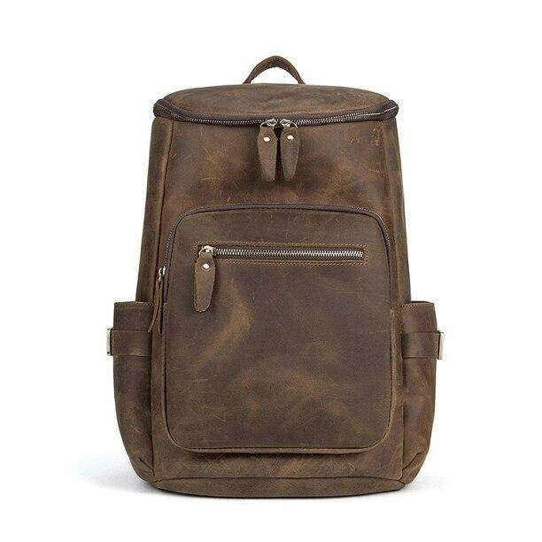 Mens vintage leather backpack with durable zippers and multiple pockets for everyday use