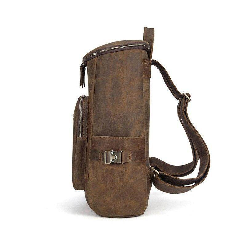 Side view of men's vintage leather backpack with durable material and adjustable straps for stylish travel