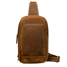 Mens vintage travel chest bag in brown leather with a sleek design and adjustable strap for comfort