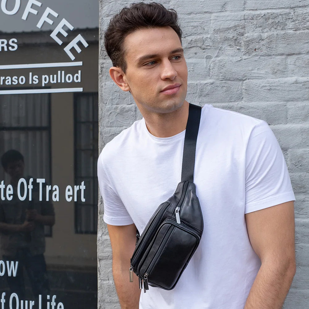 Men's black waist bag, durable material, ideal for travel