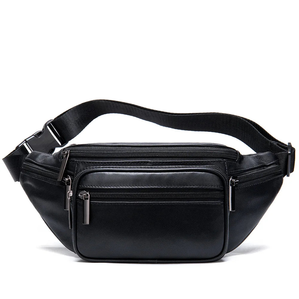 Black leather mens waist bag for hands-free travel