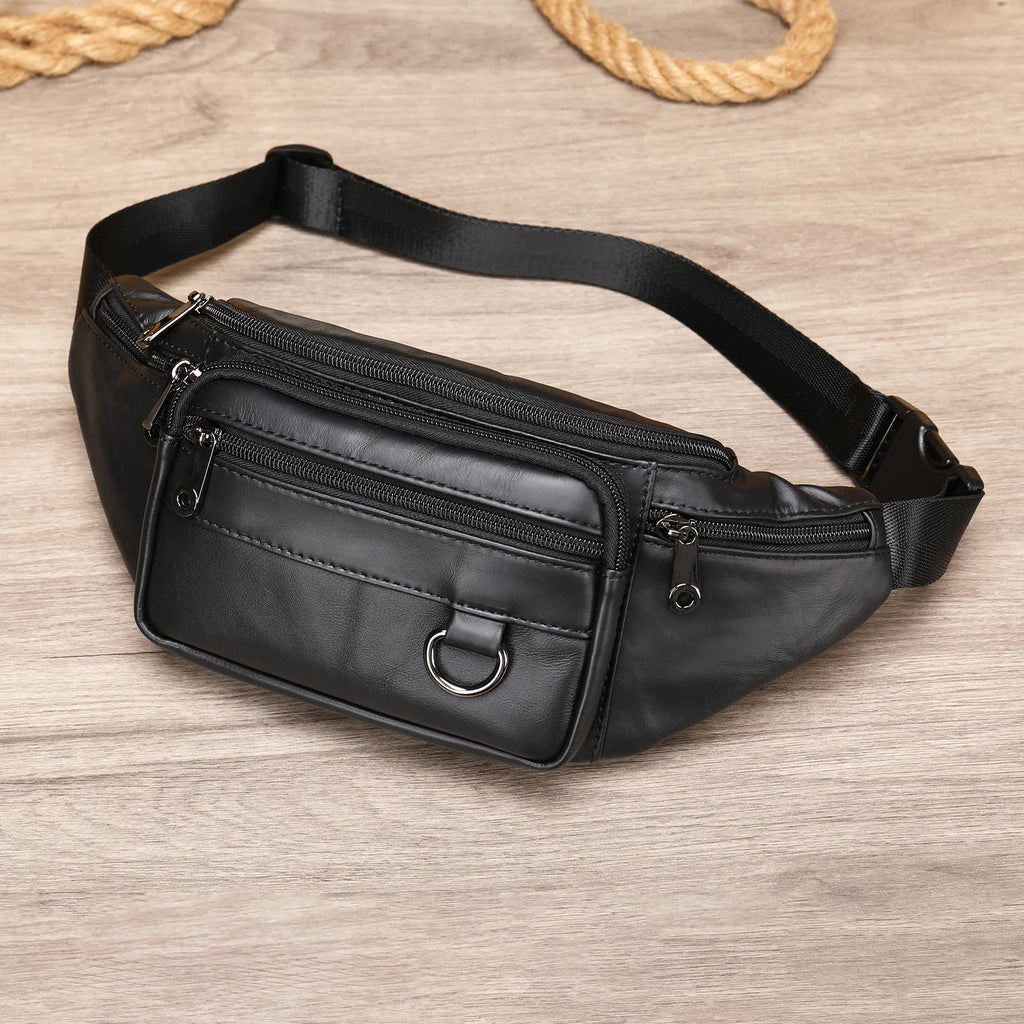 black leather mens waist bag with multiple zippered pockets