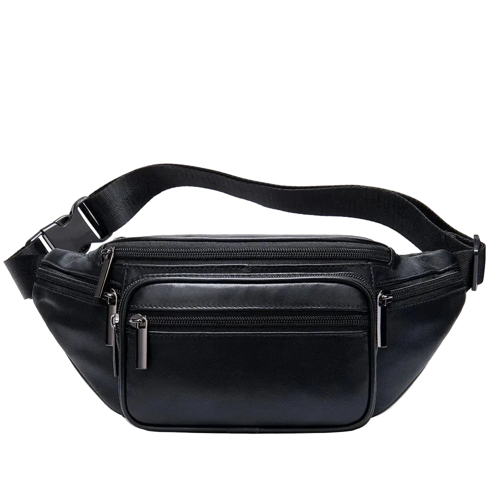 Men's black waist bag, durable material, perfect for travel