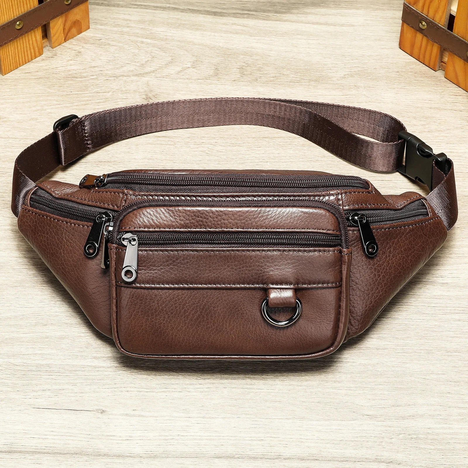Brown leather mens waist bag for everyday use and travel