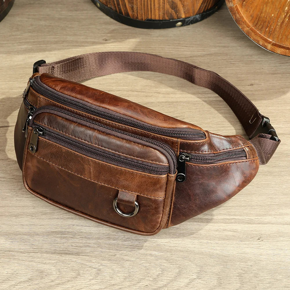 mens waist bag, brown leather, perfect for travel and daily use
