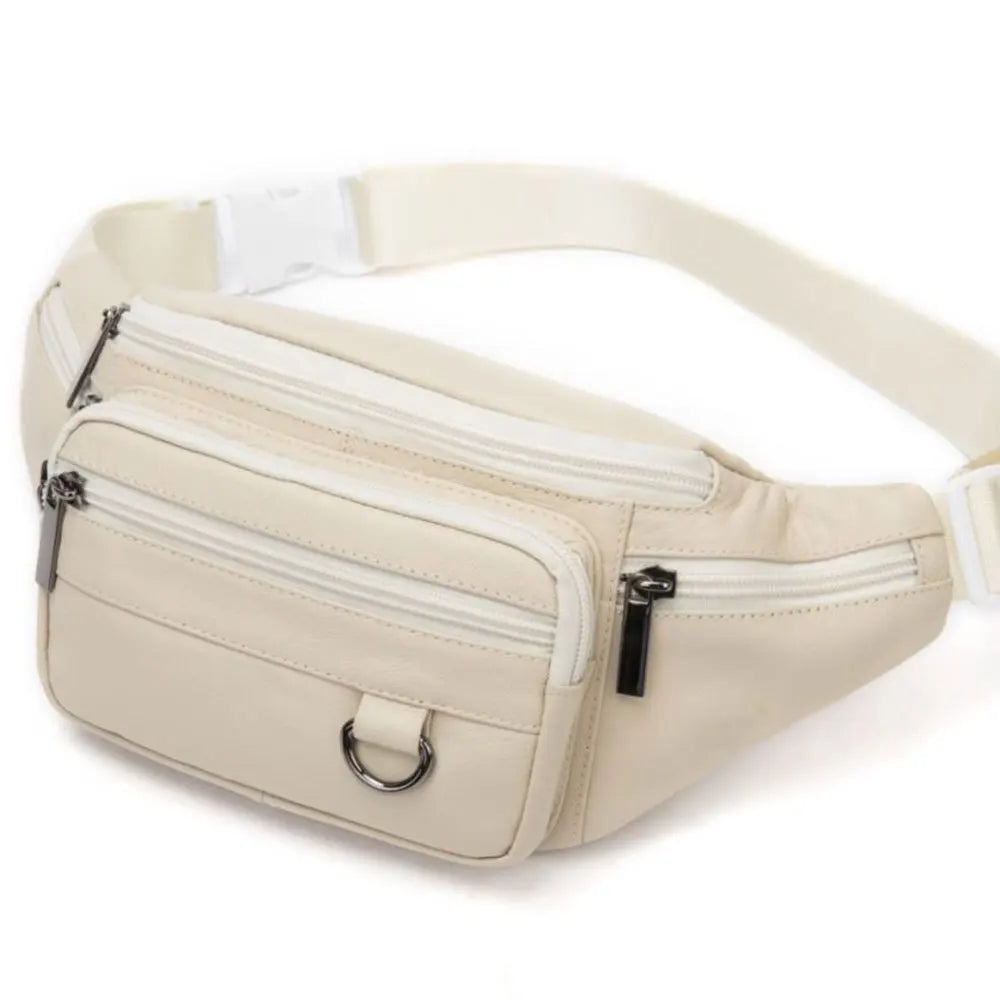beige men's waist bag, durable material, perfect for travel