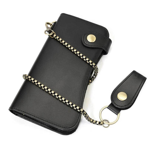 Black leather men's wallet with chain for secure carrying