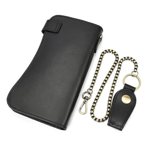 Black leather men's wallet with chain for secure carry