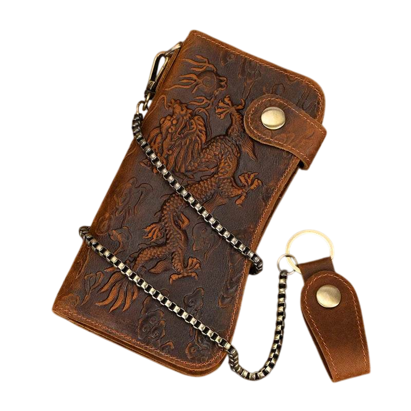 Mens wallet in brown leather with dragon design, ideal for everyday use