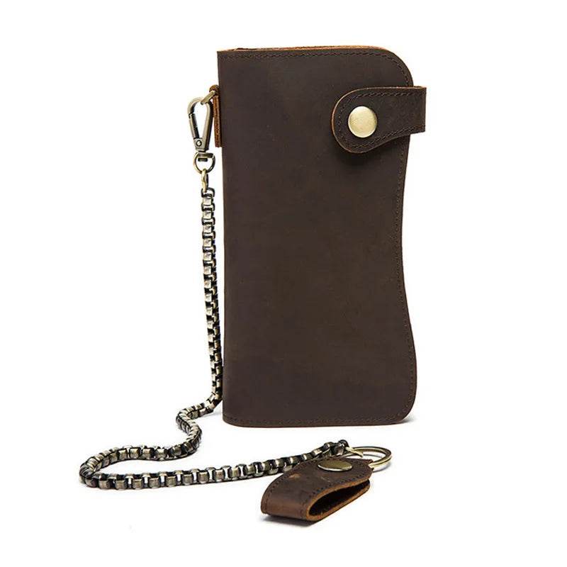 Brown leather men's wallet with chain, perfect for secure carrying
